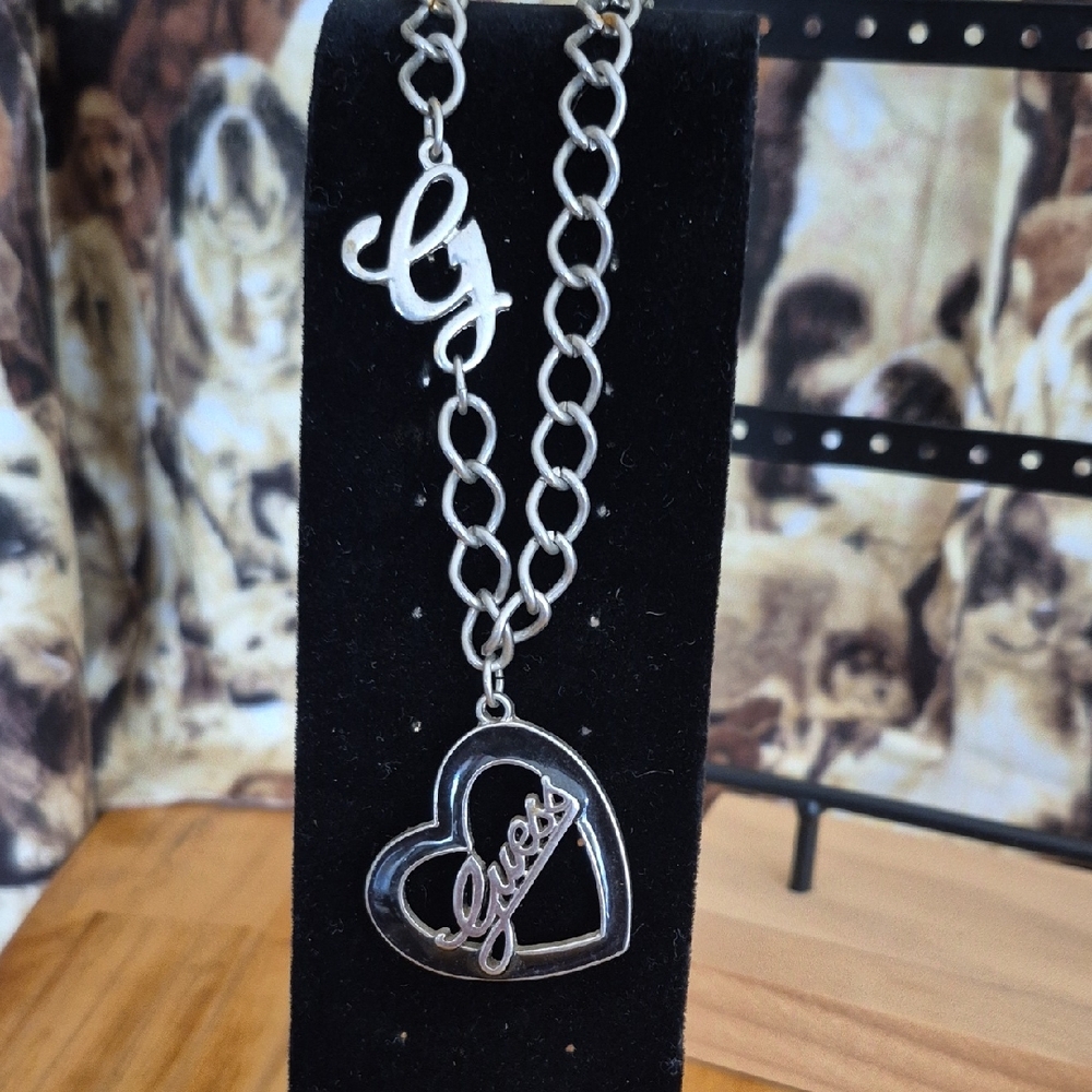 Guess Silver Heart Logo Pendant Necklace - Silver